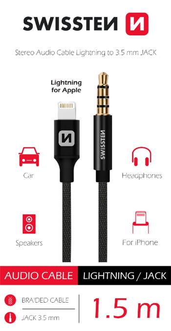 Levně SWISSTEN audio adaptér Lightning/3,5 mm JACK (samec), textilní, 1,5 m, černý