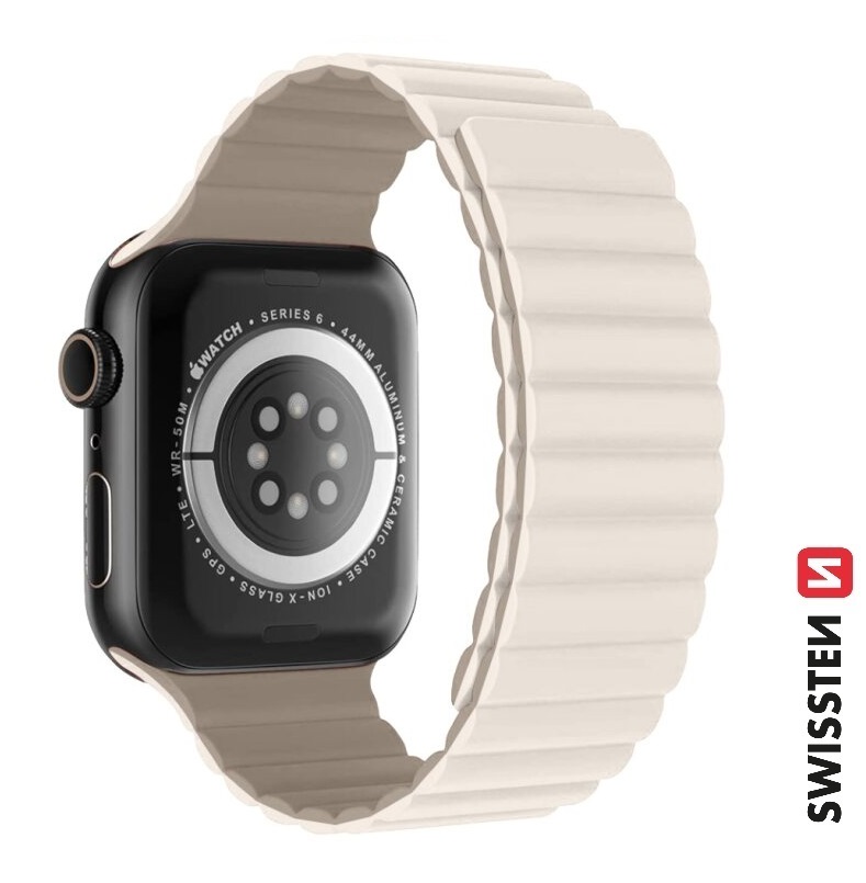 Levně SWISSTEN řemínek pro Apple Watch silikonový, magnetický, 42 / 44 / 45 / 49 mm Barva: bílá/cappuccino