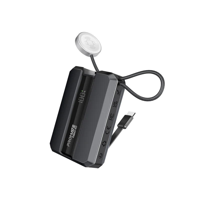 PROMATE Neo 10 powerbanka pro Apple Watch, s USB-C a vestavěným USB-C kabelem, PD, 10 000 mAh, 30 W, černá