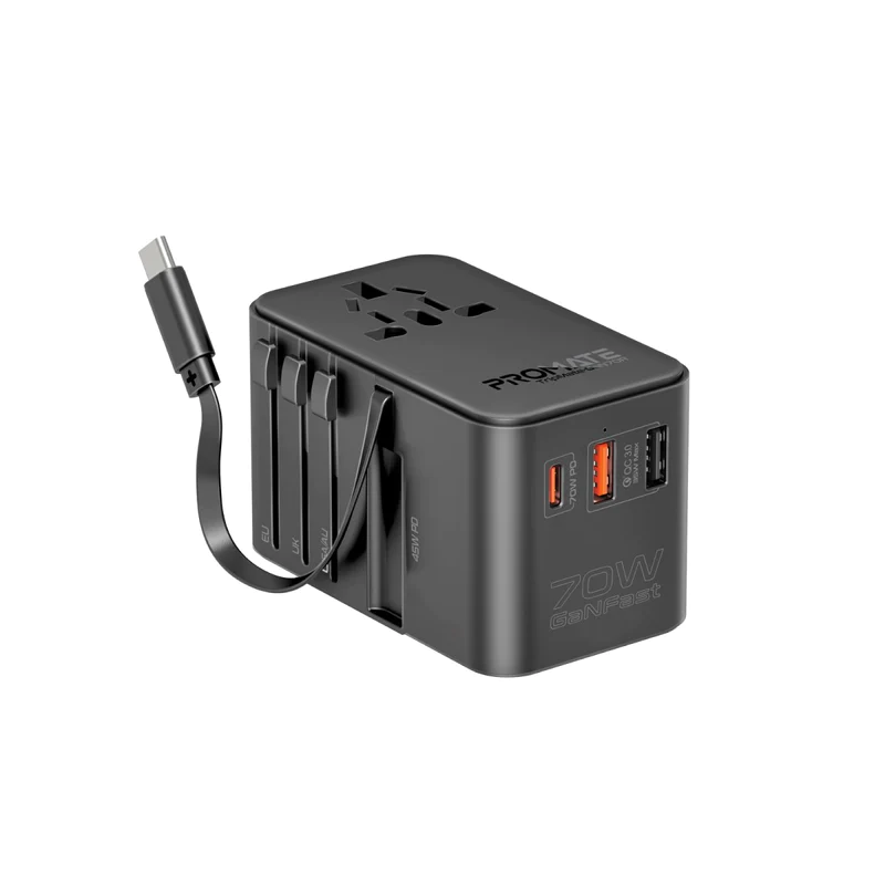 PROMATE TripMate-GaN70R cestovní adaptér 3v1, se zasouvacím vestavěným kabelem USB-C, GaN, PD, 70 W