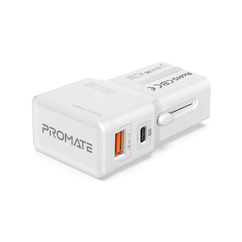 Levně PROMATE TriPlug-PD20 univerzální cestovní nabíječka se zásuvkou a USB-C a USB-A, PD/QC, 20 W, bílá