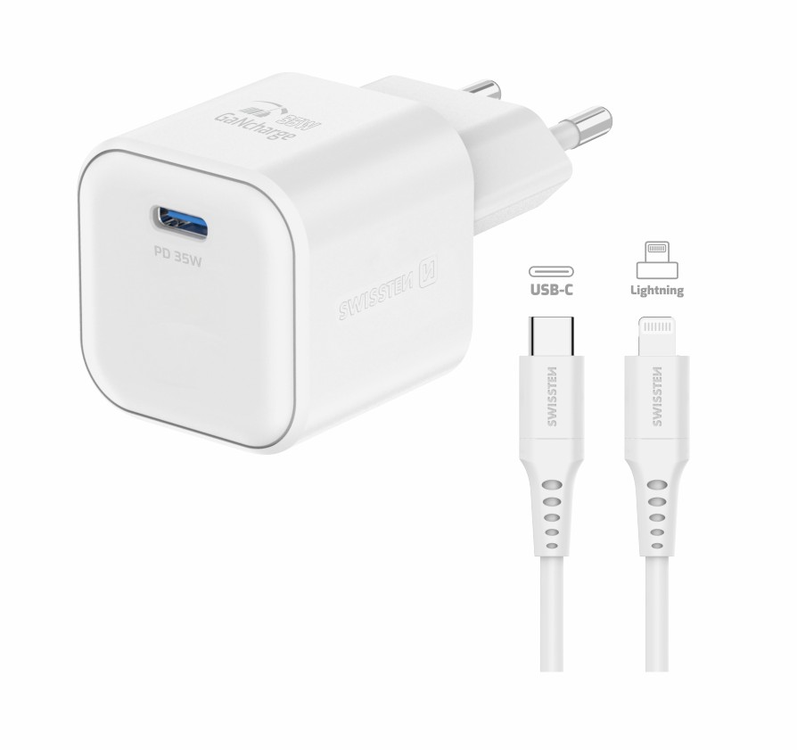 SWISSTEN Síťový adaptér GaN 1x USB-C 35W power delivery + datový kabel USB-C/lightning 1,2 m Barva: Bílá