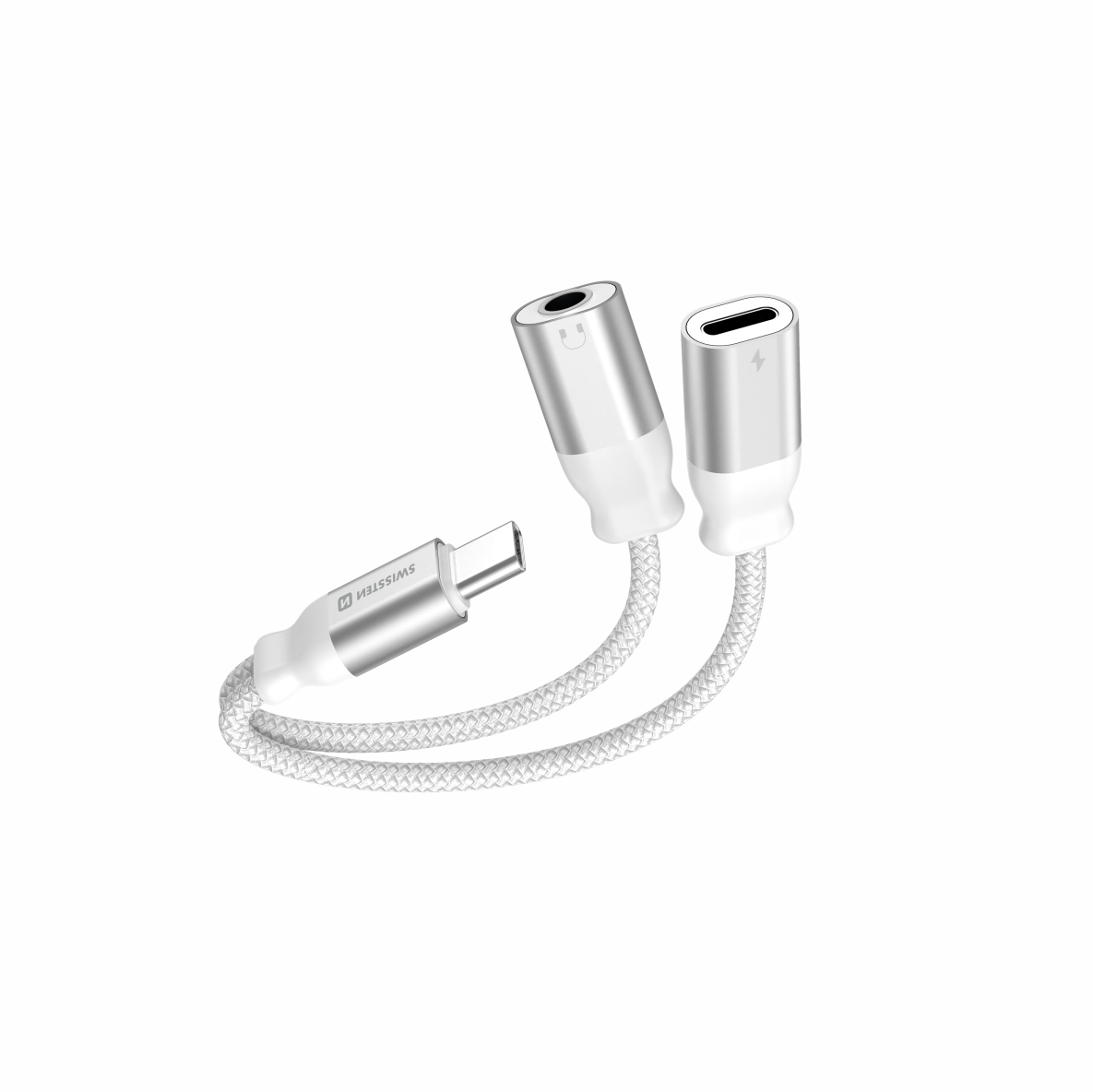 SWISSTEN Nabíjecí audio adaptér textilní USB-C (samec) / USB-C (samice) a 3,5mm AUX, délka 0,12 m Barva: Bílá