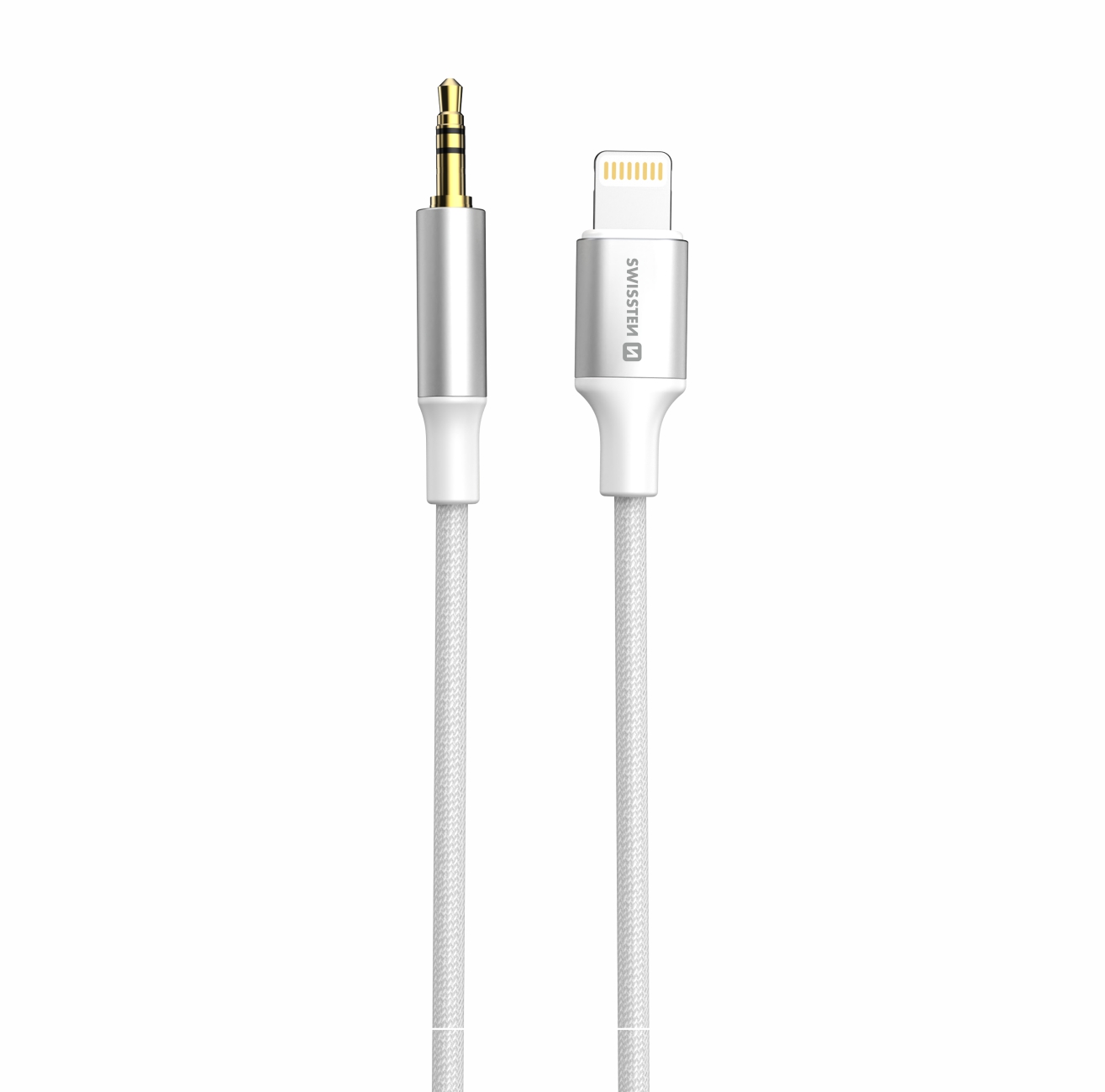 SWISSTEN Audio adaptér textilní lightning (samec) / 3,5 mm jack (samec), délka 1,5 m Barva: Bílá