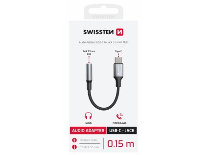 AUDIO ADAPTÉR USB-C (samec) SWISSTEN TEXTILE  / 3,5mm AUX 0,15 M ČERNÝ