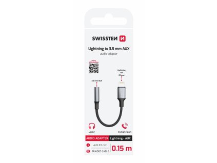 AUDIO ADAPTÉR –  LIGHTNING  (samec) – SWISSTEN TEXTILE / 3,5mm AUX 0,15 M ČERNÝ