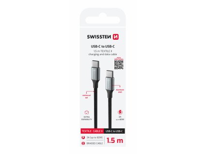 DATOVÝ KABEL SWISSTEN TEXTILE II USB-C / USB-C 1,5 M ČERNÝ