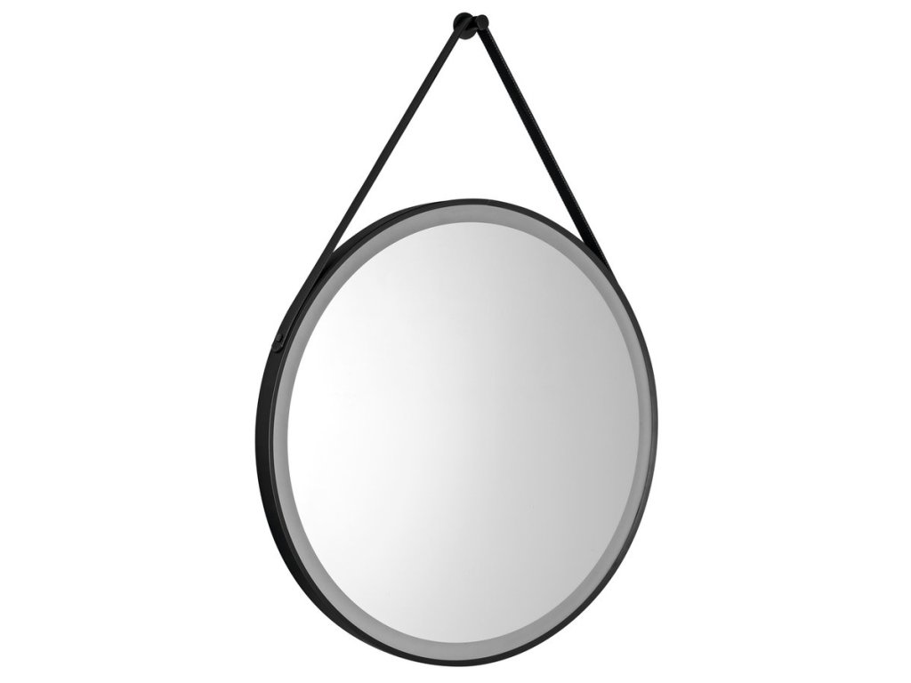 STAGO guľaté zrkadlo s LED osvetlením priemer 60cm, kožený popruh, dotykový senzor, stmievateľné, čierna mat