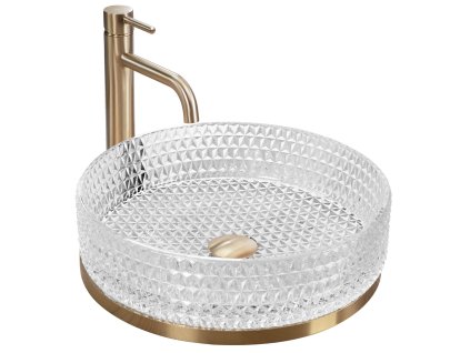 Umývadlo na dosku Rea Cristal Transparent 39 Gold brush ring