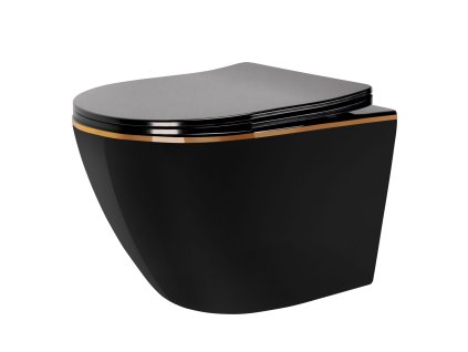 Závesná WC misa REA CARLO Mini Rimless Duroplast Flat - čierna-zlatý okraj