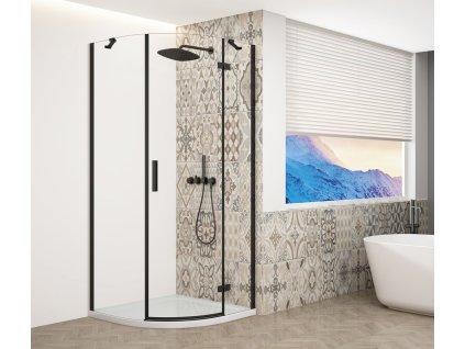 TRINITY BLACK štvrťkruhová sprchová zástena 900x900mm, číre sklo, pravá