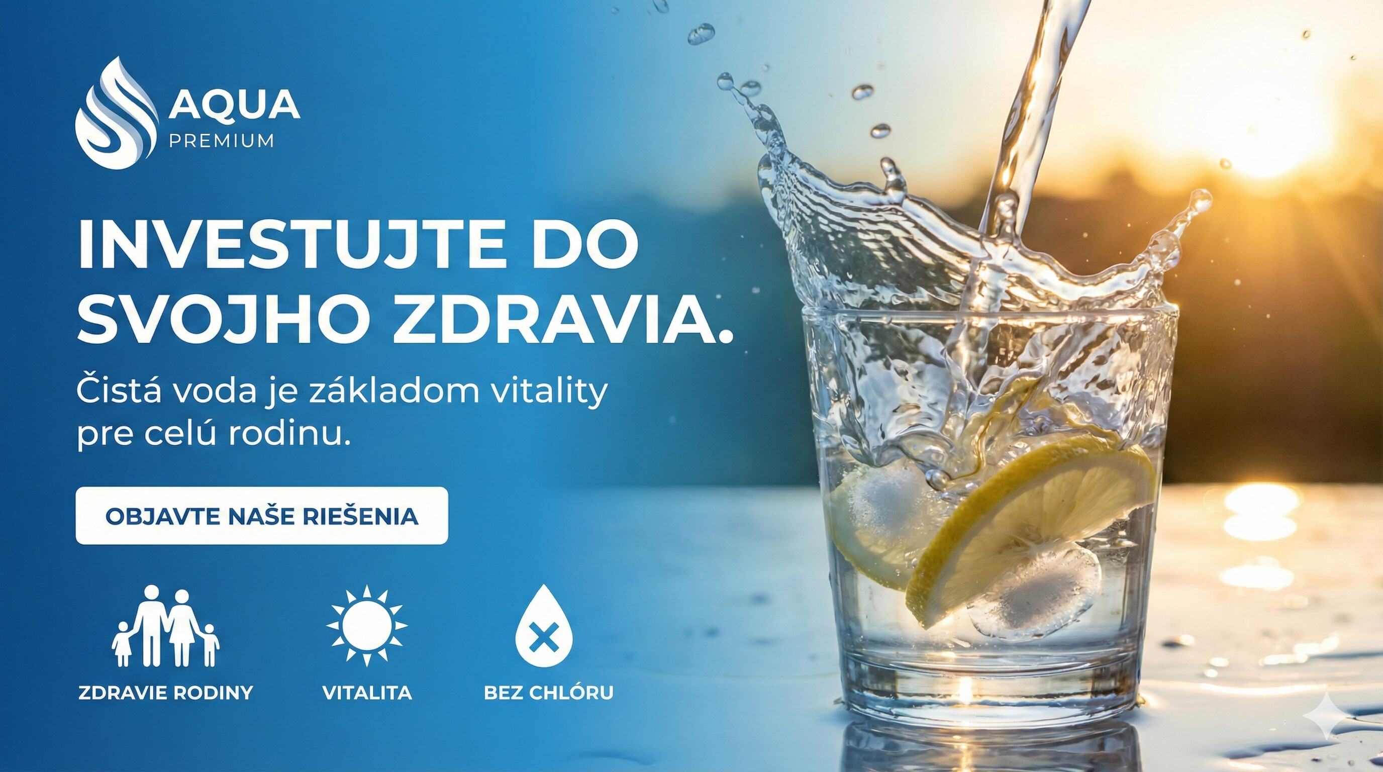 Osviežujúci pohár čistej vody s plátkami citróna a dynamickým šplechotom na slnečnom pozadí, symbolizujúci zdravie, hydratáciu a vitalitu pre celú rodinu.