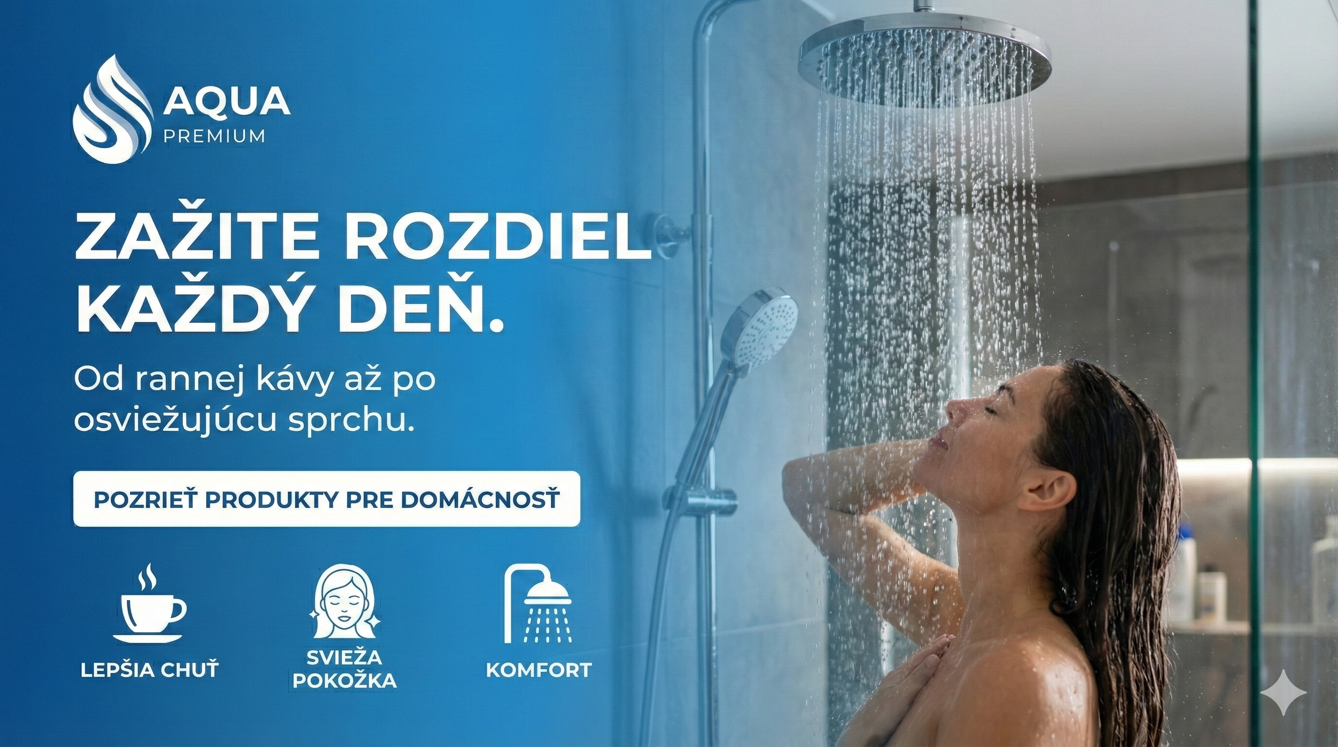 Žena relaxujúca pod prúdom vody v sprche, ilustrujúca pocit komfortu a výhody mäkkej vody pre pokožku a vlasy.