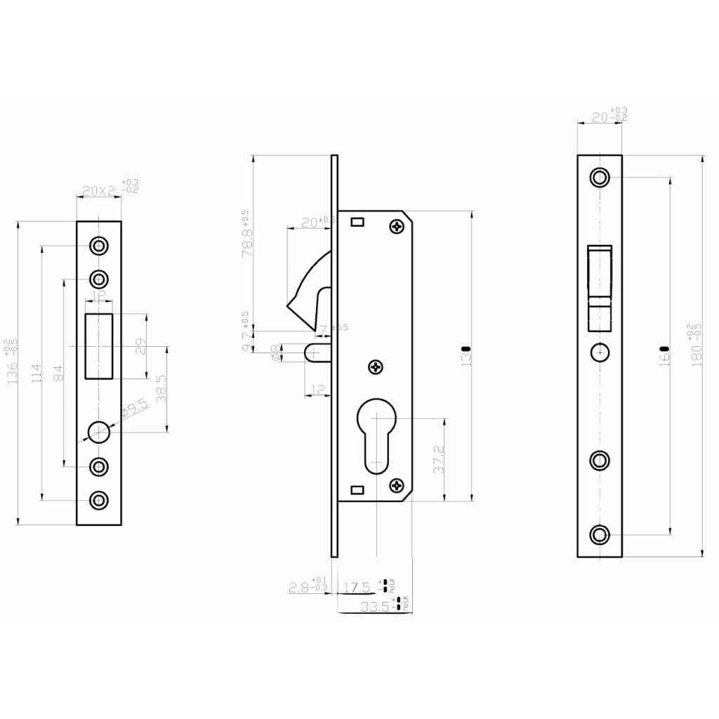 Zámok pre posuvné brány s protikusom predná lišta nerez