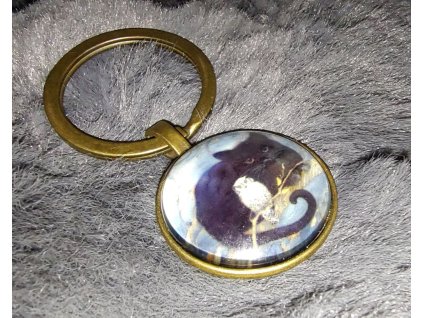 Skleněná klíčenka Černá kočka se sovou