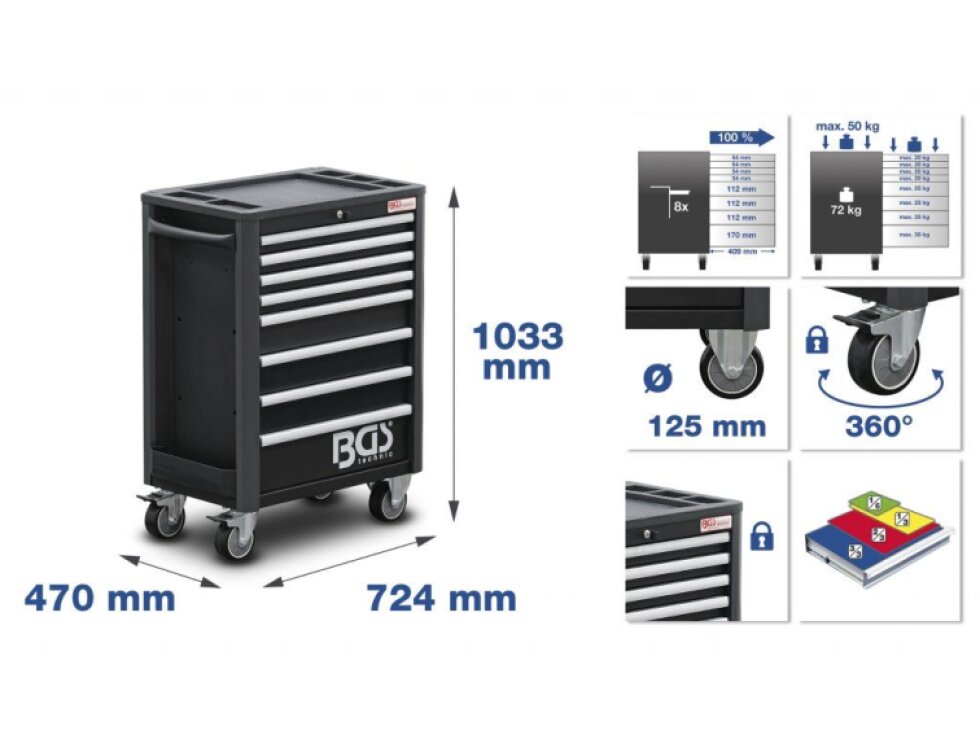 BGS 4208, Dílenský vozík Pro Exclusive | 8 zásuvek s 259 nástroji + 1 plynové topidlo na terasu