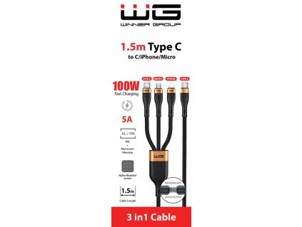 WG Datový kabel type-C_type-C/Lightning/micro, 5 A, černý, 150 cm