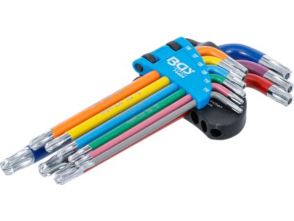 BGS 74464, Sada zahnutých klíčů | vícebarevné | T-profil (pro Torx) s otvorem a kulovou hlavou T10-T50 | 9dílná