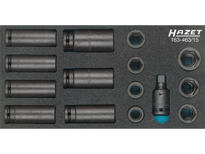 HAZET 163-463/15, Sada nástrčných hlavic pro rázový utahovák | 1/2 palce čtyřhran, trakční profil vnější šestihran