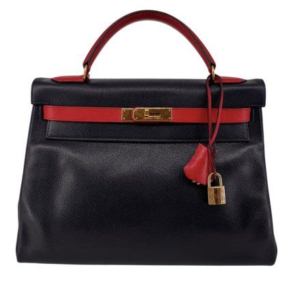 HERMÈS Kelly 32 Epsom Navy Blue And Red Bag