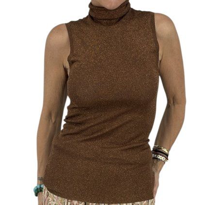 BRUNELLO CUCINELLI Metallic Brown Turtleneck Tank Top