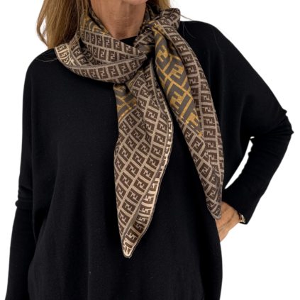 FENDI Brown FF Logo Silk Scarf