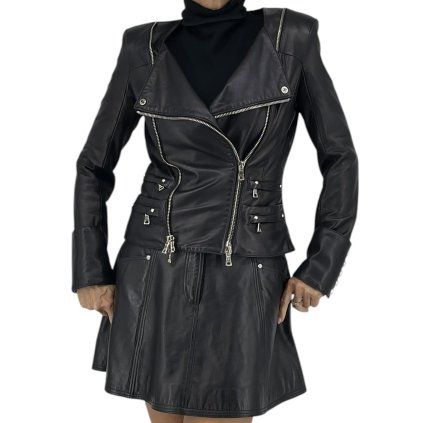 BALMAIN Black Leather Skirt And Jacket Set