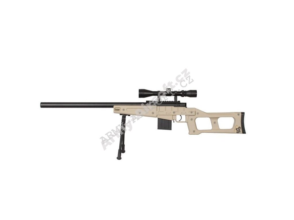 Airsoft Sniper MB4408D + optika a dvojnožka - písková - WELL  Airsoft