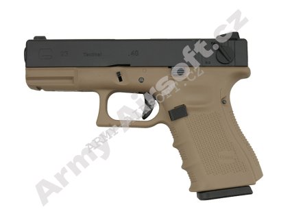 Glock 23 Gen4 - TAN, kovový závěr, blowback - WE  Airsoft