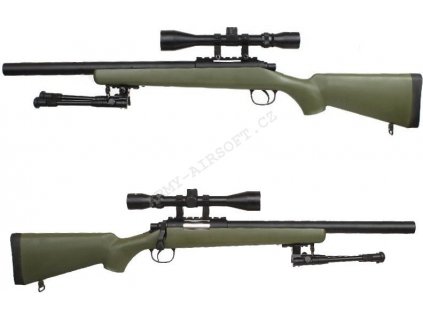 Airsoft sniper MB02D + puškohled a dvojnožka, olivová  Airsoft