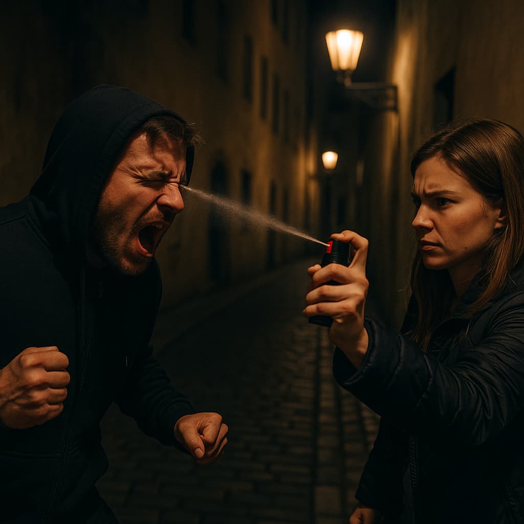 žena se brání pepřovým sprejem proti útočníkovi