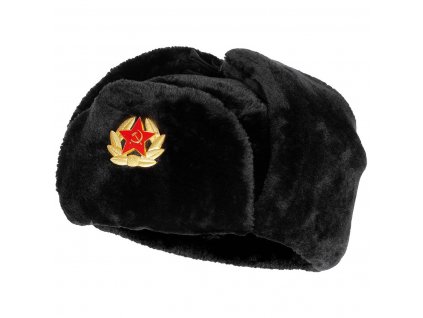 Čepice beranice zimní ruská ušanka s odznakem černá
