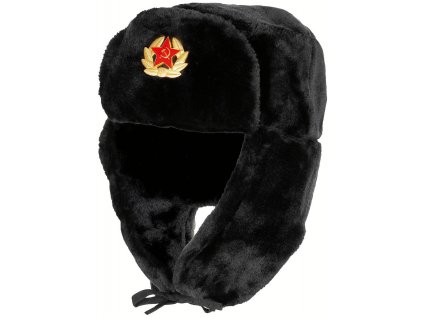 Čepice beranice zimní ruská ušanka s odznakem černá