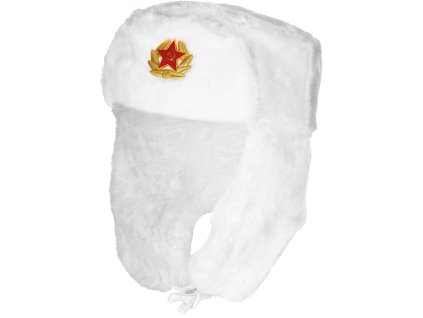 Čepice beranice zimní ruská ušanka s odznakem bílá