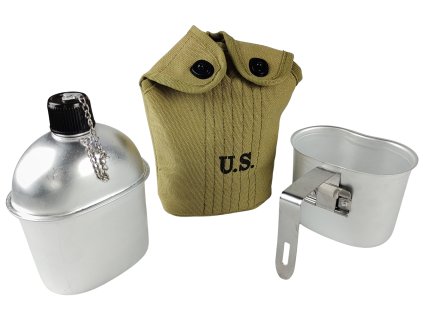 Polní láhev US M1910 hliníková čutora s hrnkem a obalem WWII Repro