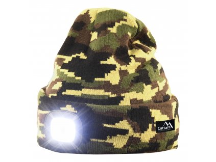 Čepice (kulich) zimní camo woodland ARMY s LED svítilnou USB nabíjení Cattara