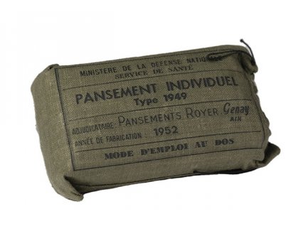Individuální tlakový obvaz první pomoci typ 1949 kapesní bandáž Francie originál