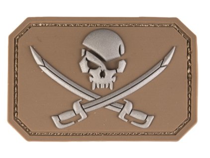 Nášivka pirátská lebka se zkříženými meči 3D PVC Jolly Roger Dark Coyote hnědá