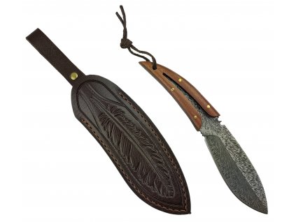 Lovecký nůž s koženým pouzdrem design peří