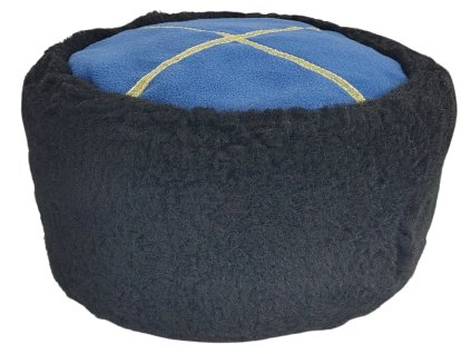 Čepice zimní Papakha z černé kožešiny s modrým vrškem