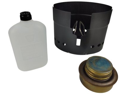 Vařič lihový se závětřím a lahví 3-dílný Švédsko originál