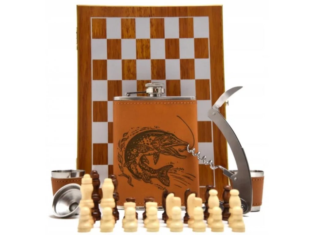 Ploskačka v darčekovej kazete Pstruh so šachom 240ml5