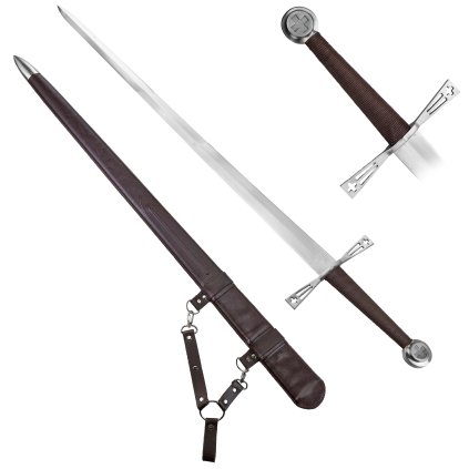 Ostrý středověký meč "CRUX INVICTA" s dřevěnou pochvou - HQ!