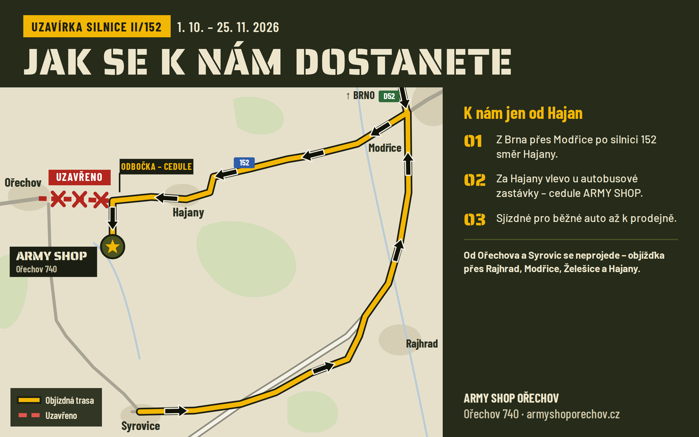 Mapa objízdné trasy k Army Shopu Ořechov
