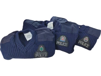 Sveter vlnený policajný tmavomodrý Commando Veľká Británia originál použitý (Veľkosť 4. (107cm) s nášivkou Staffordshire)