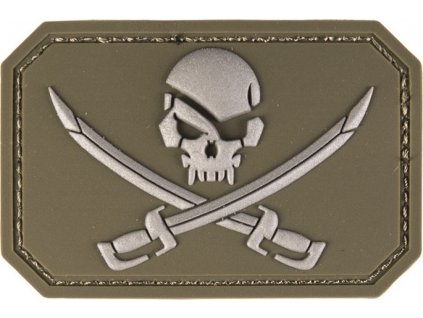 Nášivka pirátska lebka so skríženými mečmi 3D PVC Jolly Roger Olive Drab zelená