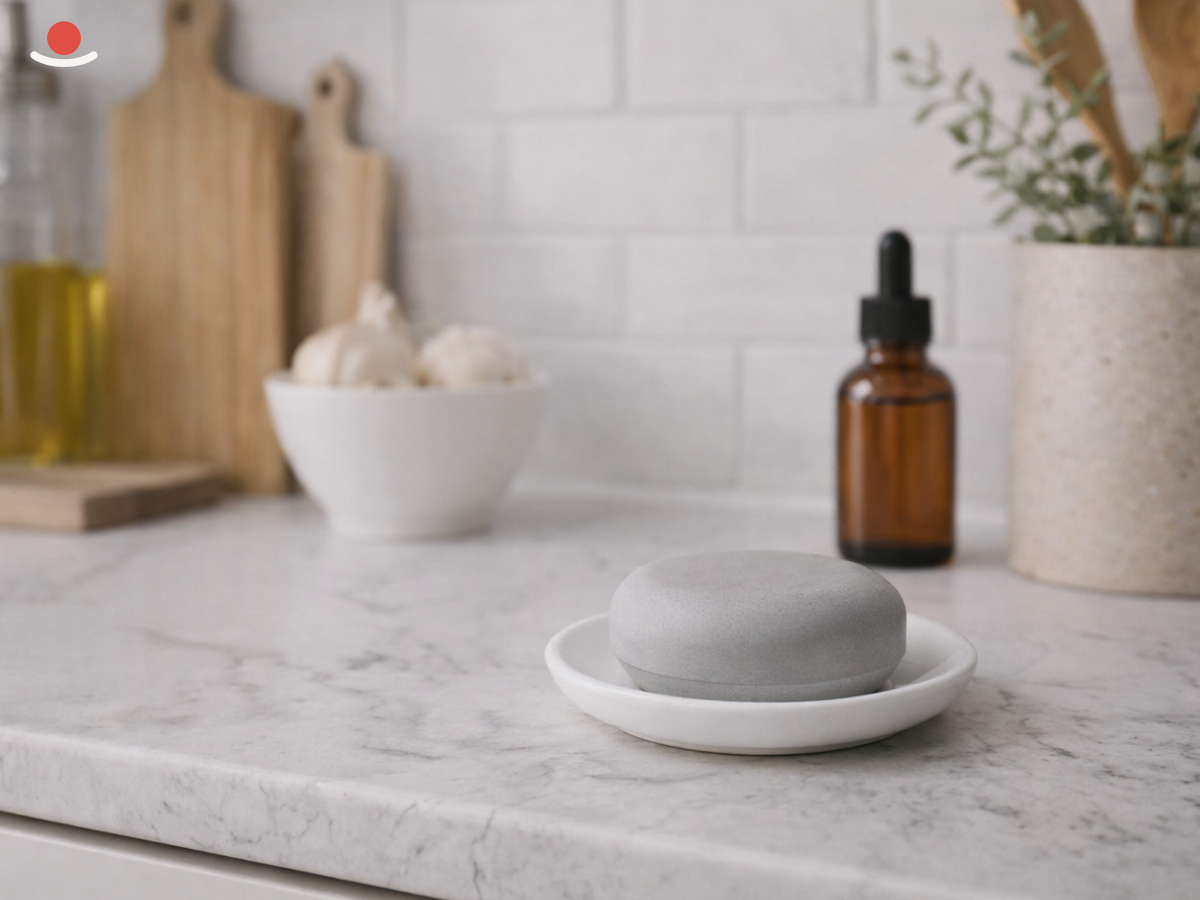 Bílý Maru s šedým aromakamenem na luxusní kuchyňské lince