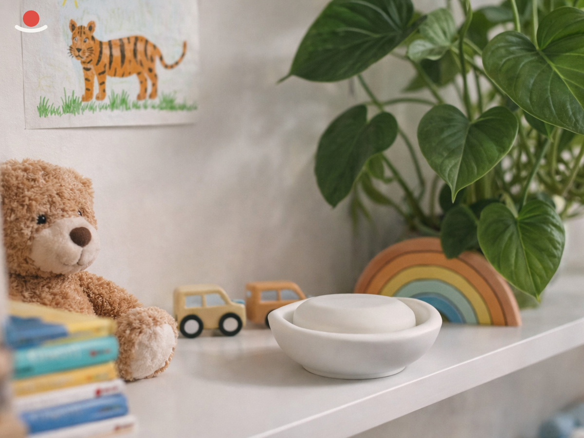 Bílý Nami s bílým aromakamenem na světlé dětské polici