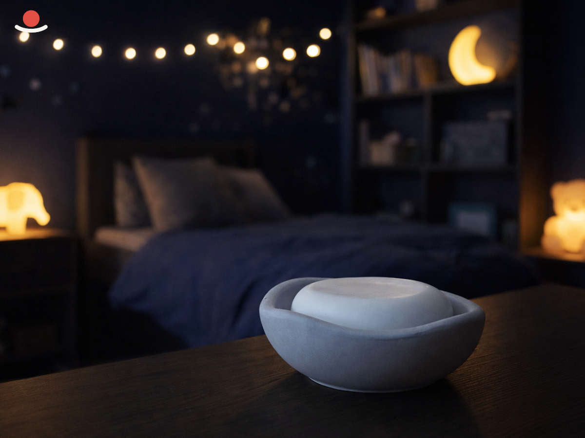 Světle šedý Nami s bílým aromakamenem ve zhasnuté ložnici