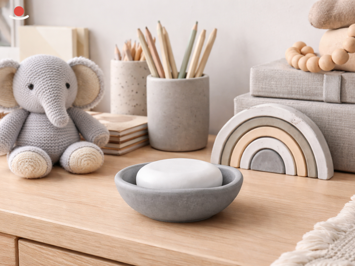 Tmavý Nami s bílým aromakamenem na dětské poličce